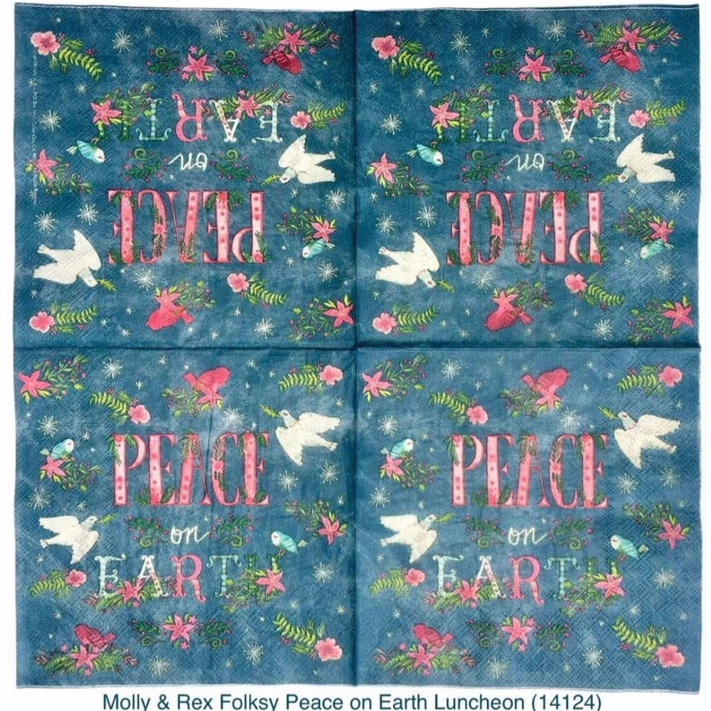 Molly & Rex Two (2) Individual Folksy Peace on Earth Decoupage Luncheon Napkins